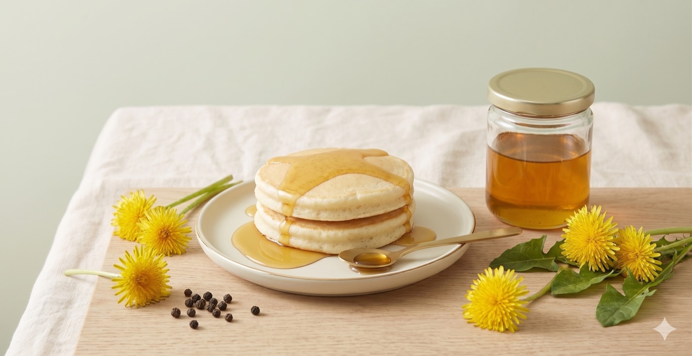 Блины с сиропом из одуванчиков и баночка мёда